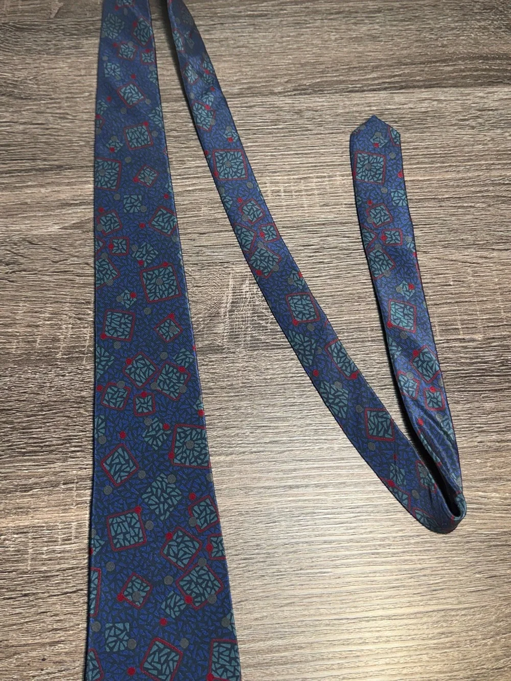Yves Saint Laurent Navy Blue Geometric Silk Tie with Red Accents